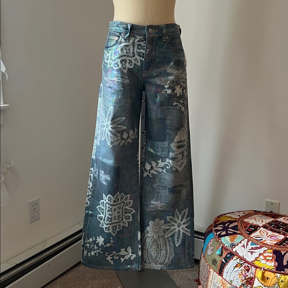 High-Rise Wide Leg Jeans in Washed Blue with White Floral Print